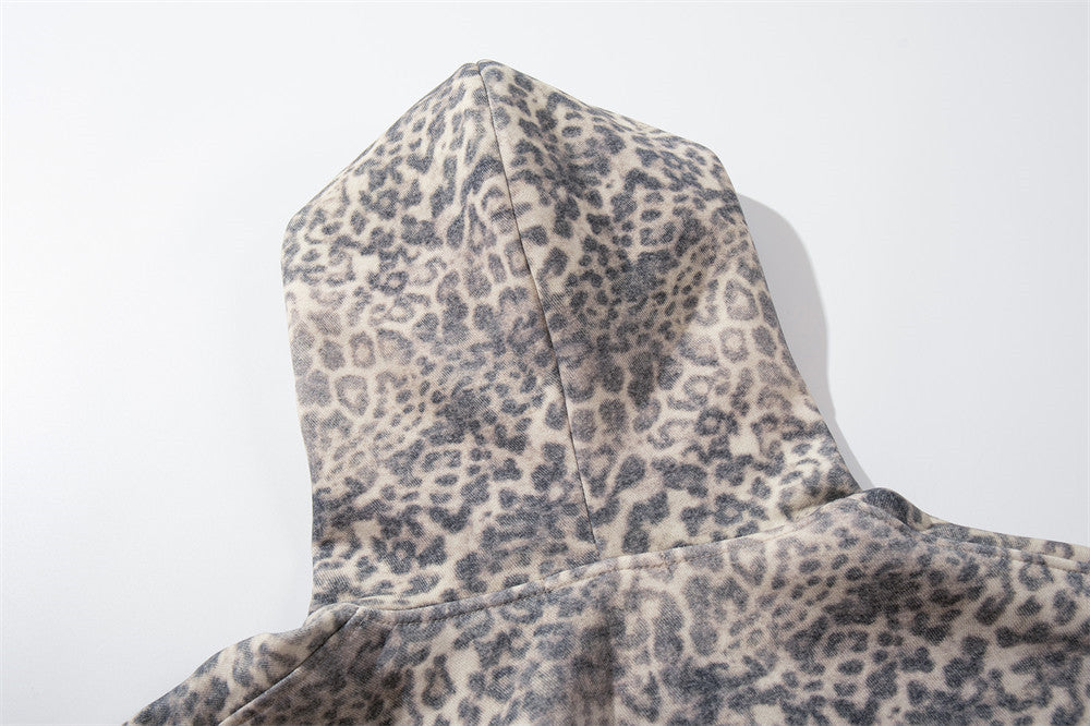 Beige Leopard Print Oversized Zip Hoodie