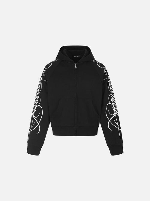 Black and Navy Abstract Calligraphic Zip-Up Hoodie - Black / M