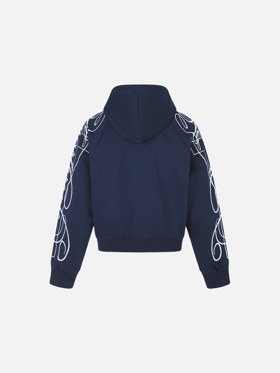 Black and Navy Abstract Calligraphic Zip-Up Hoodie