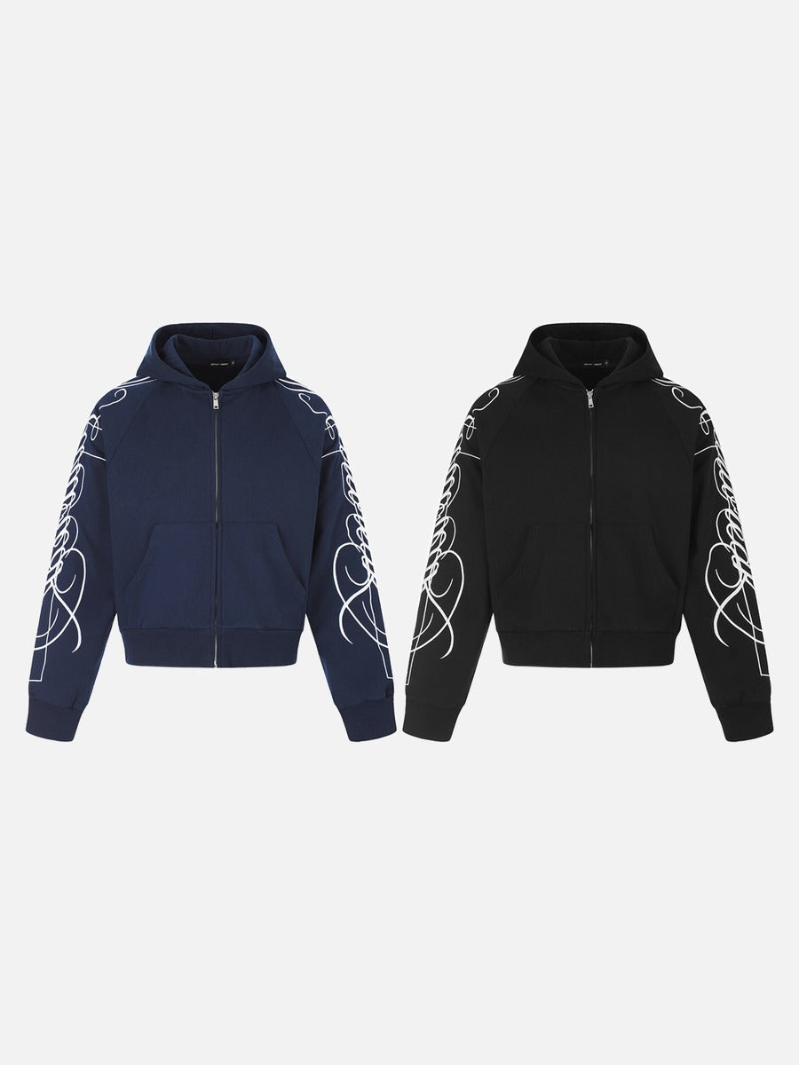 Black and Navy Abstract Calligraphic Zip-Up Hoodie