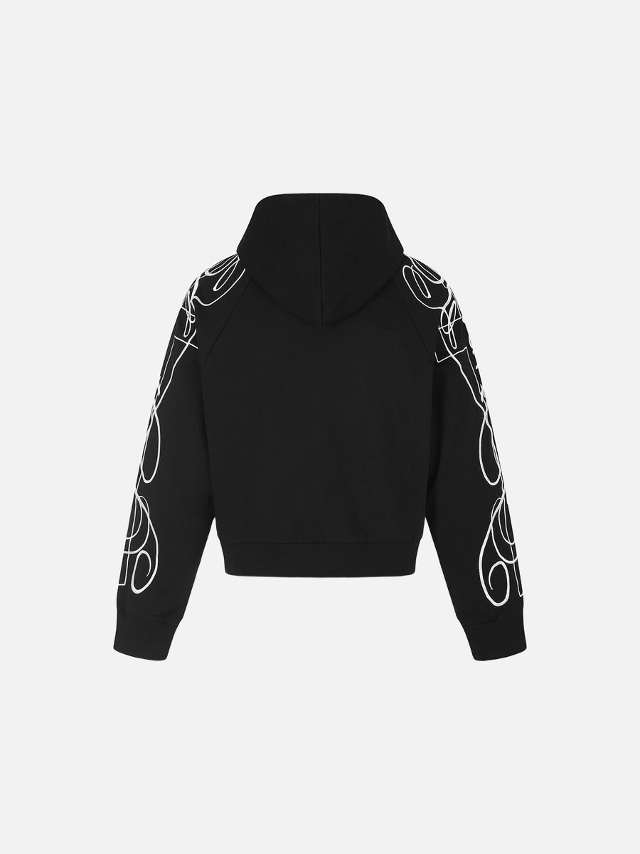 Black and Navy Abstract Calligraphic Zip-Up Hoodie