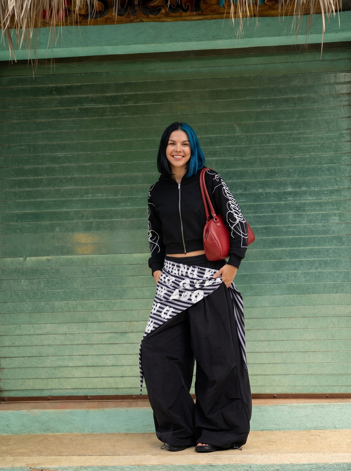 Black and Navy Abstract Calligraphic Zip-Up Hoodie