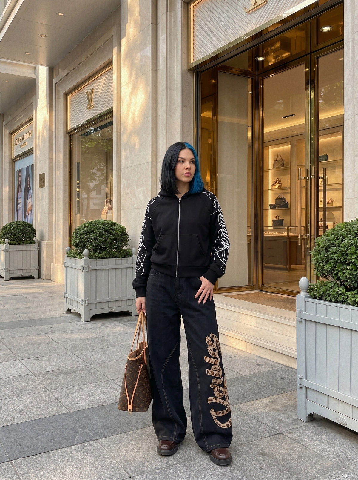 Black and Navy Abstract Calligraphic Zip-Up Hoodie