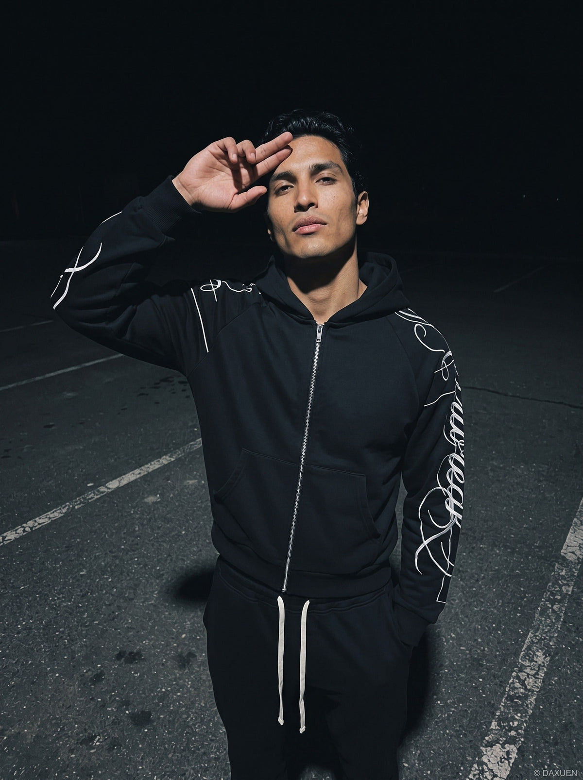 Black and Navy Abstract Calligraphic Zip-Up Hoodie