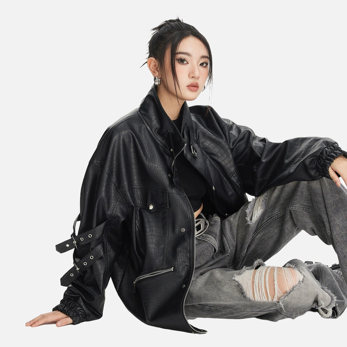 DAXUEN black crocodile-embossed faux leather jacket