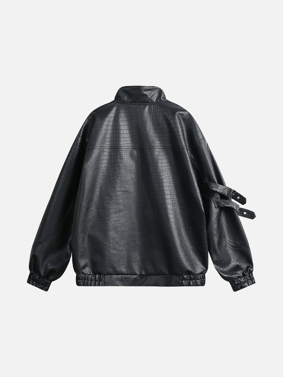 DAXUEN black crocodile-embossed faux leather jacket