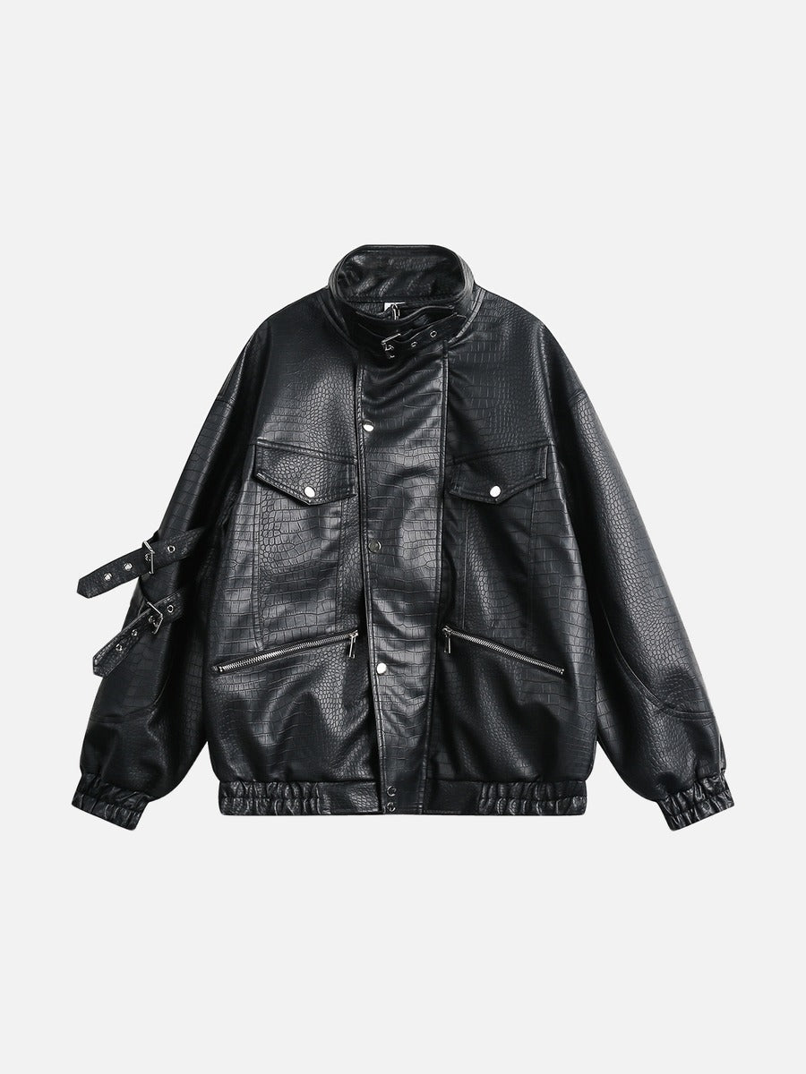 DAXUEN black crocodile-embossed faux leather jacket