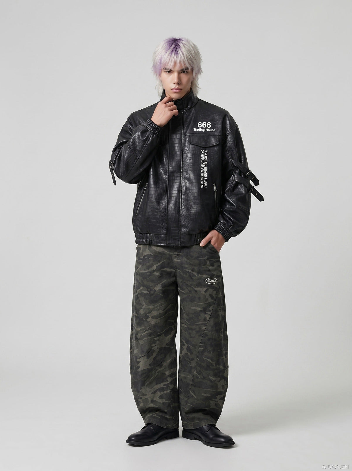DAXUEN black crocodile-embossed faux leather jacket — model photo