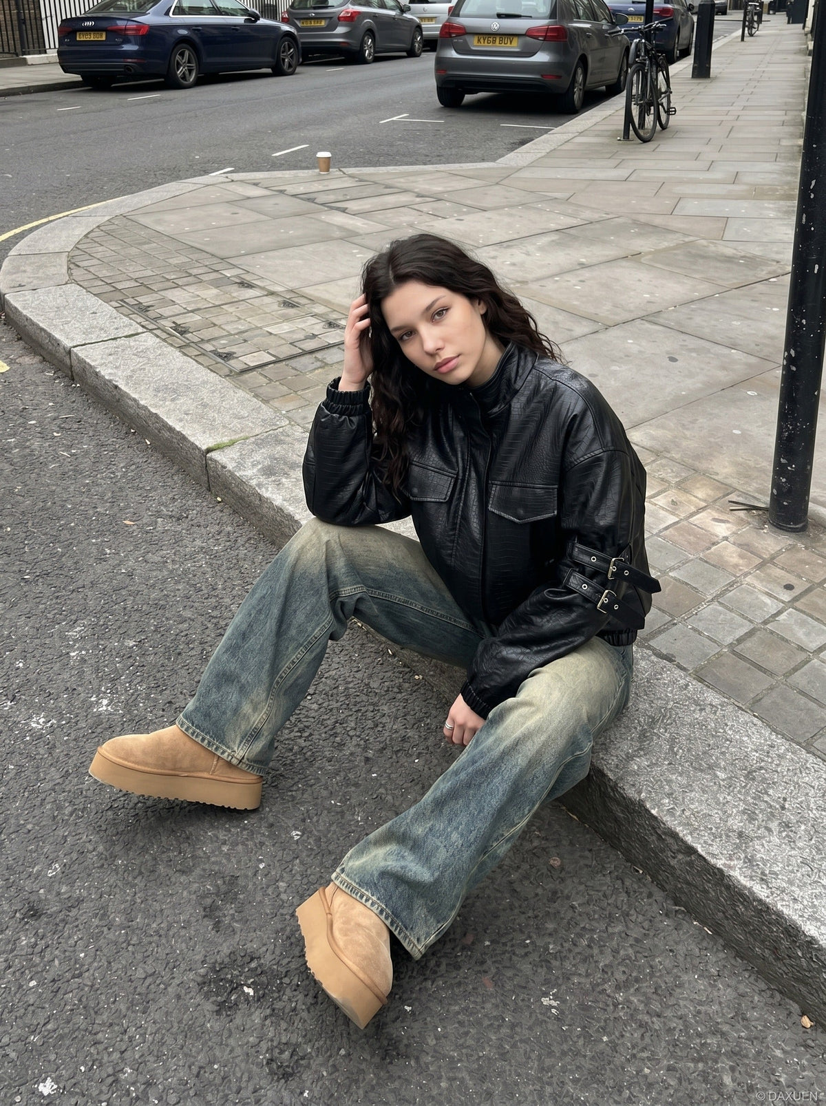 DAXUEN black crocodile-embossed faux leather jacket — model photo