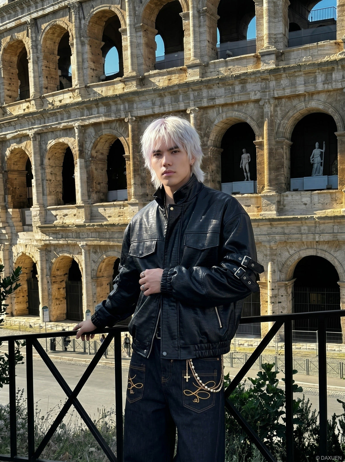 DAXUEN black crocodile-embossed faux leather jacket — model photo