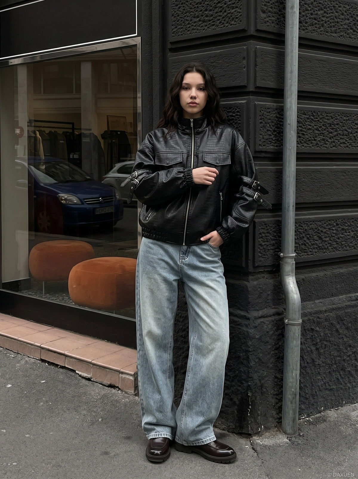 DAXUEN black crocodile-embossed faux leather jacket — model photo