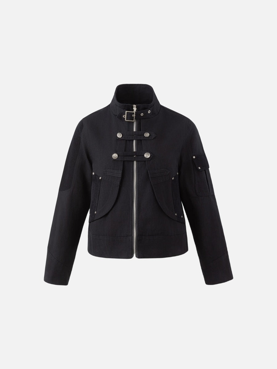 Black Cropped Jacket with Buckle Straps