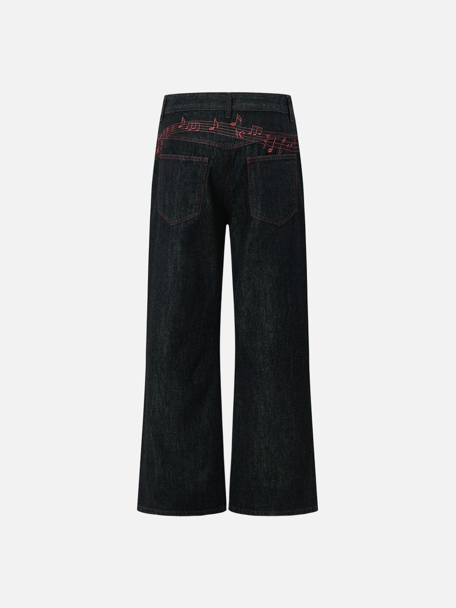 Black Denim Wide-Leg Jeans with Red Embroidery