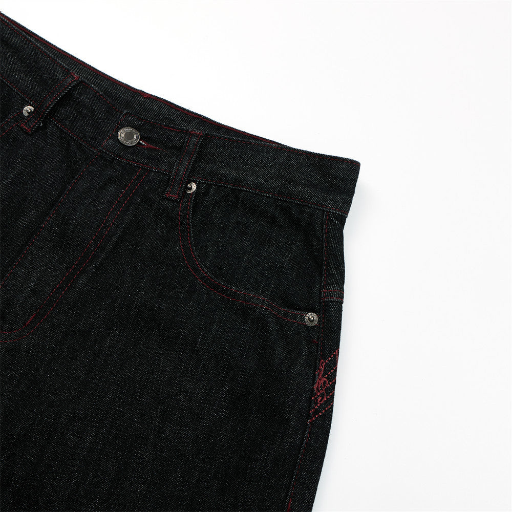 Black Denim Wide-Leg Jeans with Red Embroidery