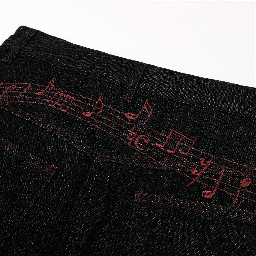 Black Denim Wide-Leg Jeans with Red Embroidery