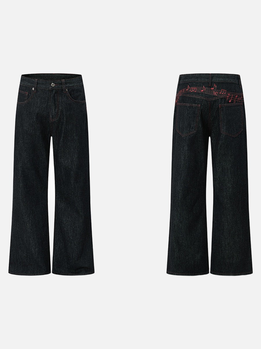 Black Denim Wide-Leg Jeans with Red Embroidery