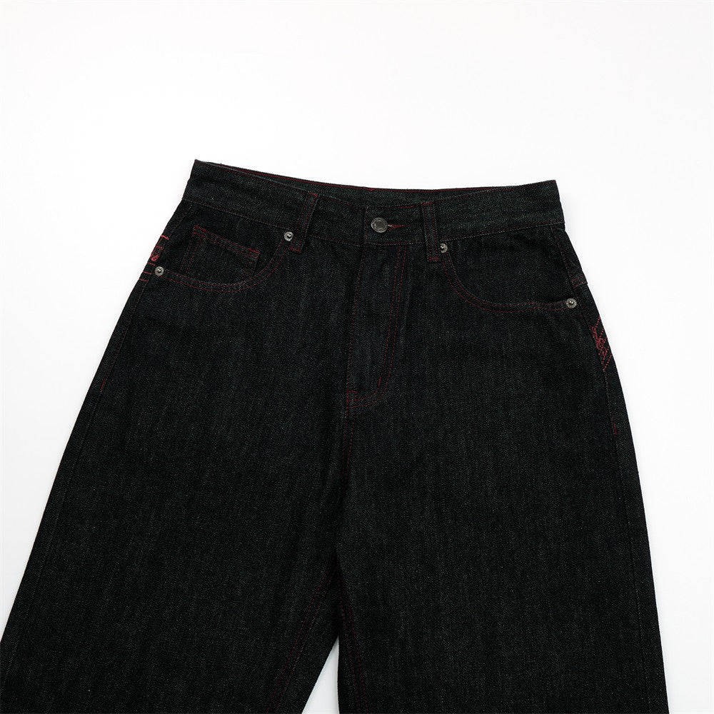 Black Denim Wide-Leg Jeans with Red Embroidery