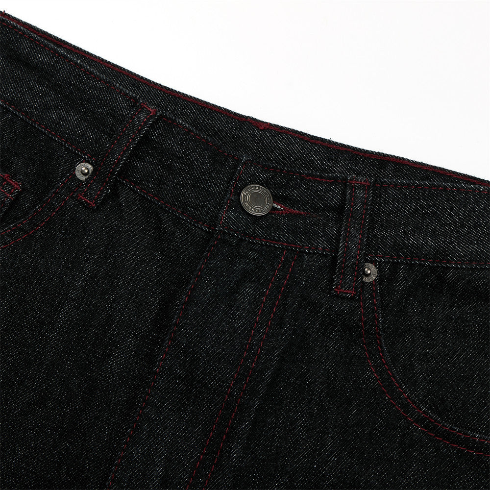 Black Denim Wide-Leg Jeans with Red Embroidery