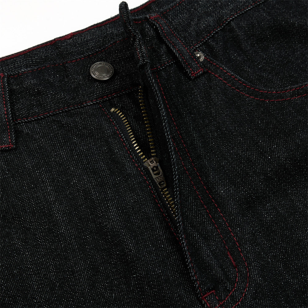 Black Denim Wide-Leg Jeans with Red Embroidery