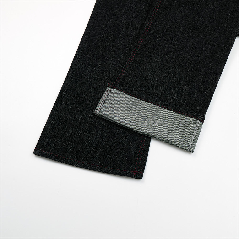 Black Denim Wide-Leg Jeans with Red Embroidery