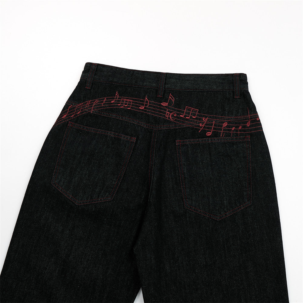 Black Denim Wide-Leg Jeans with Red Embroidery