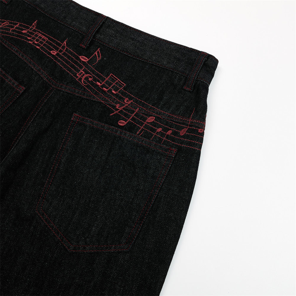 Black Denim Wide-Leg Jeans with Red Embroidery