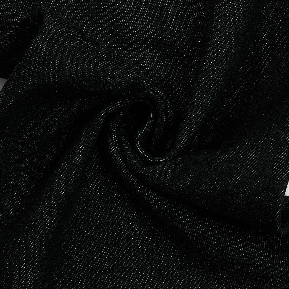 Black Denim Wide-Leg Jeans with Red Embroidery