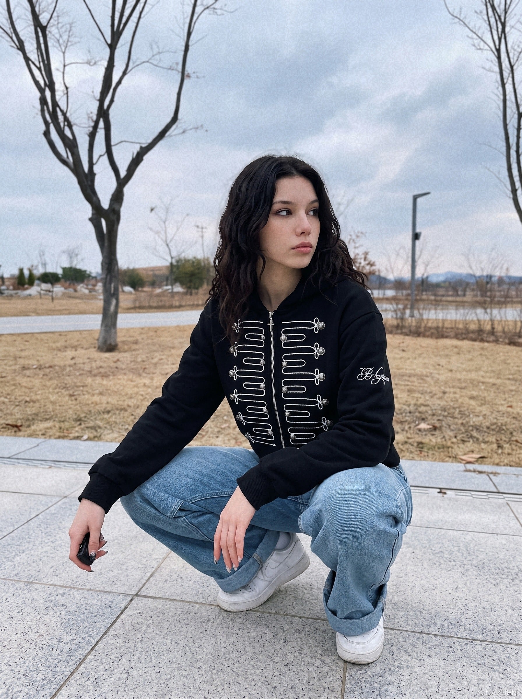Black Military-Inspired Zip Hoodie