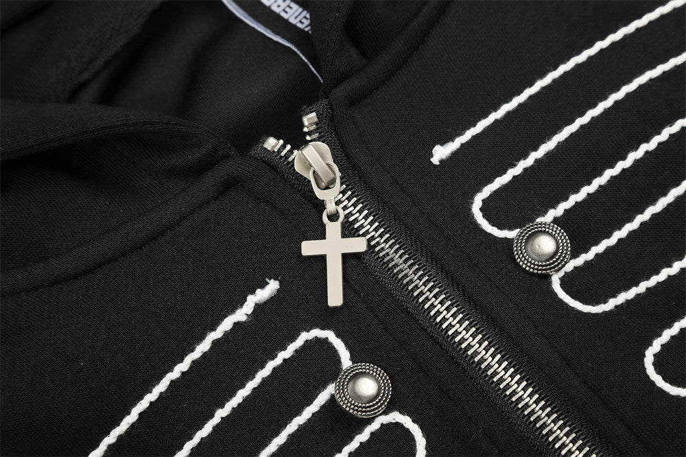 Black Military-Inspired Zip Hoodie