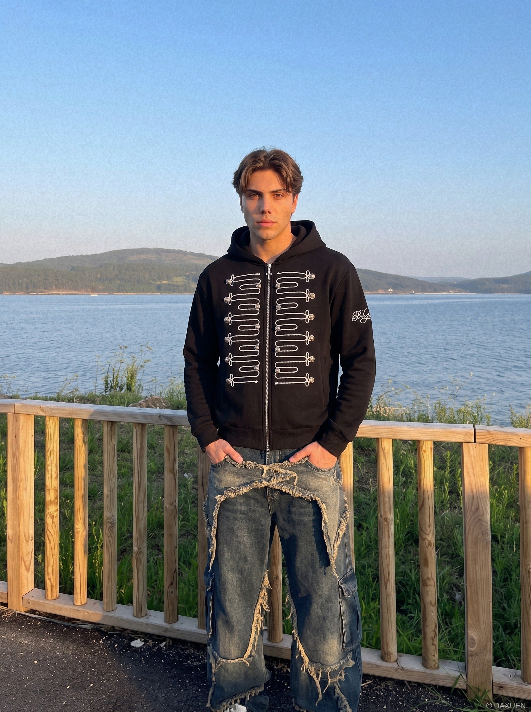 Black Military-Inspired Zip Hoodie