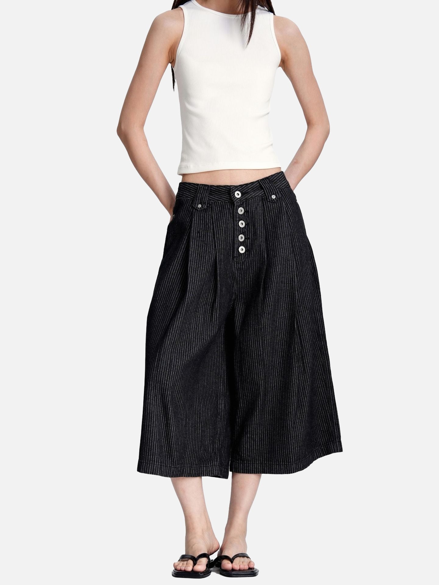 Black Striped Baggy Capri Pants