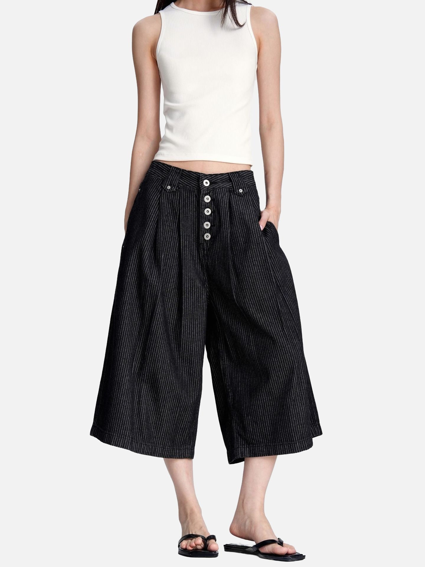 Black Striped Baggy Capri Pants