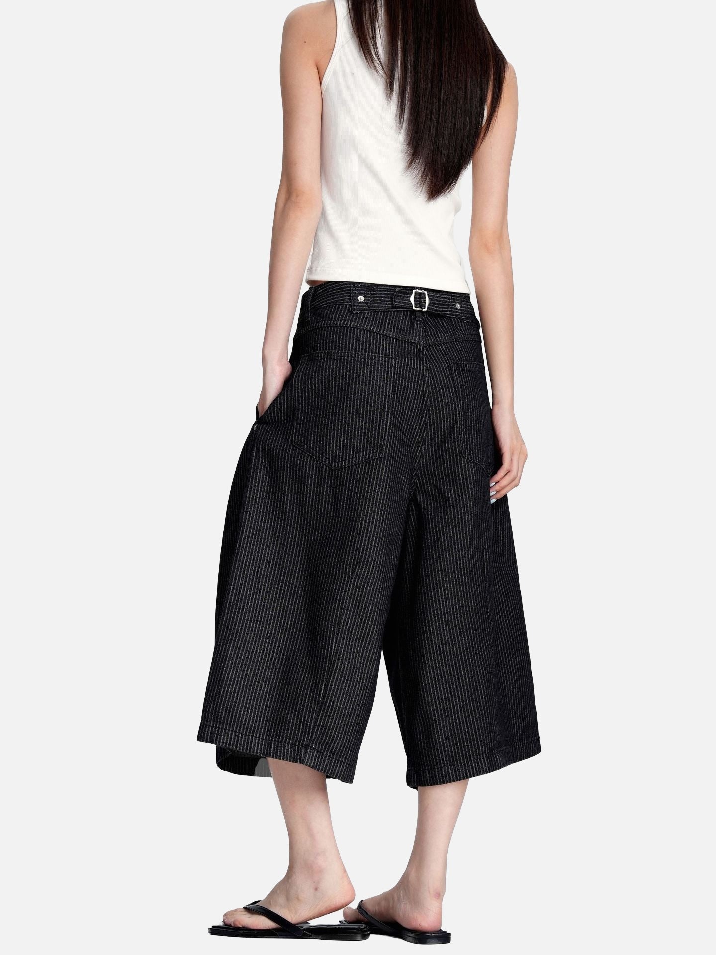 Black Striped Baggy Capri Pants