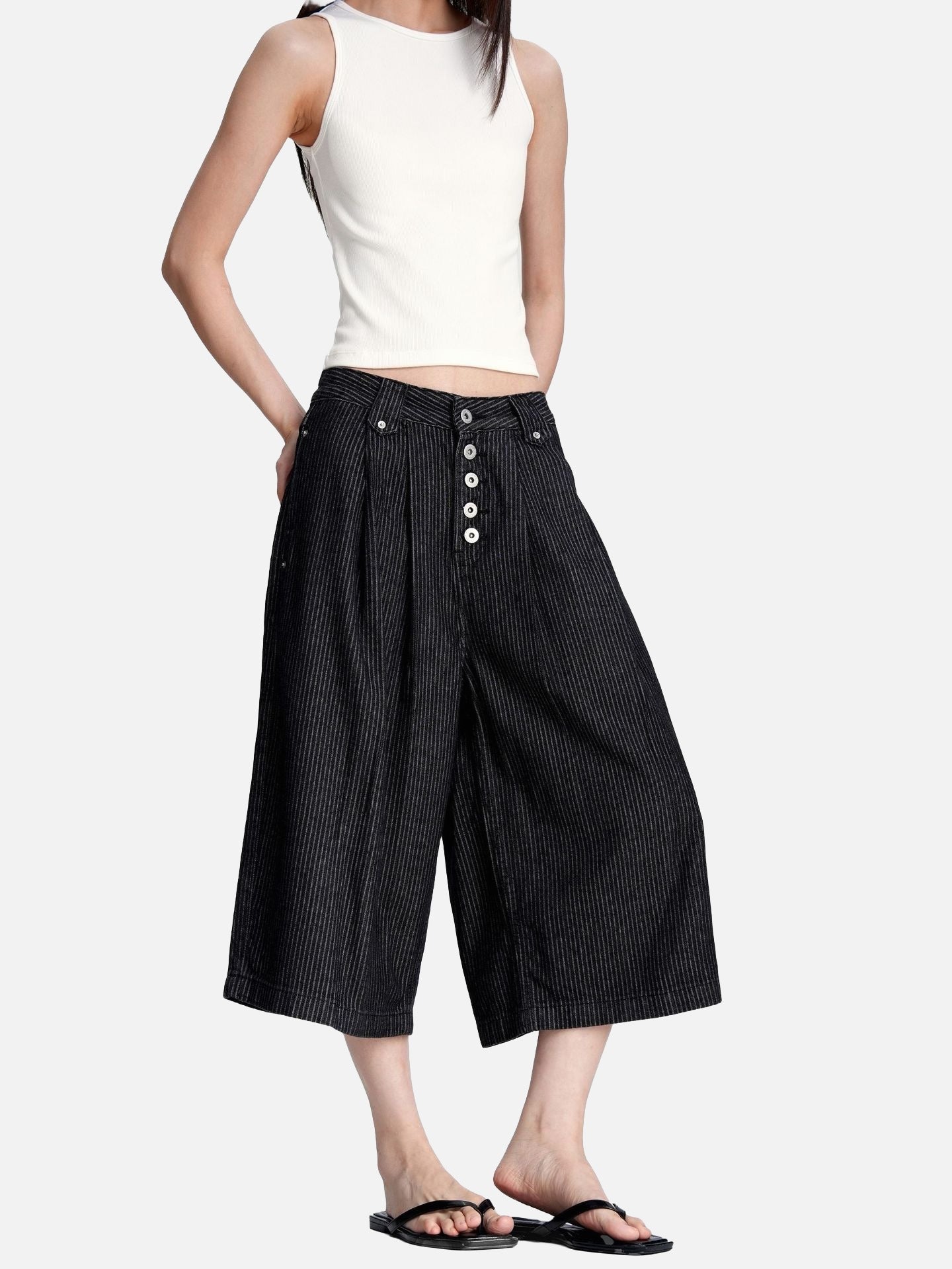 Black Striped Baggy Capri Pants