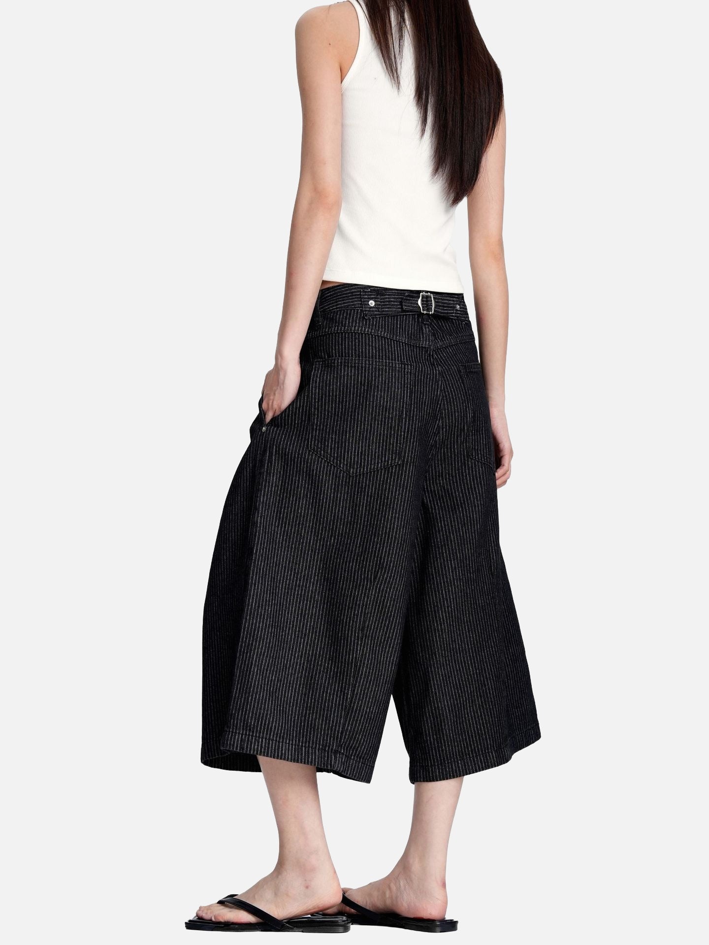 Black Striped Baggy Capri Pants