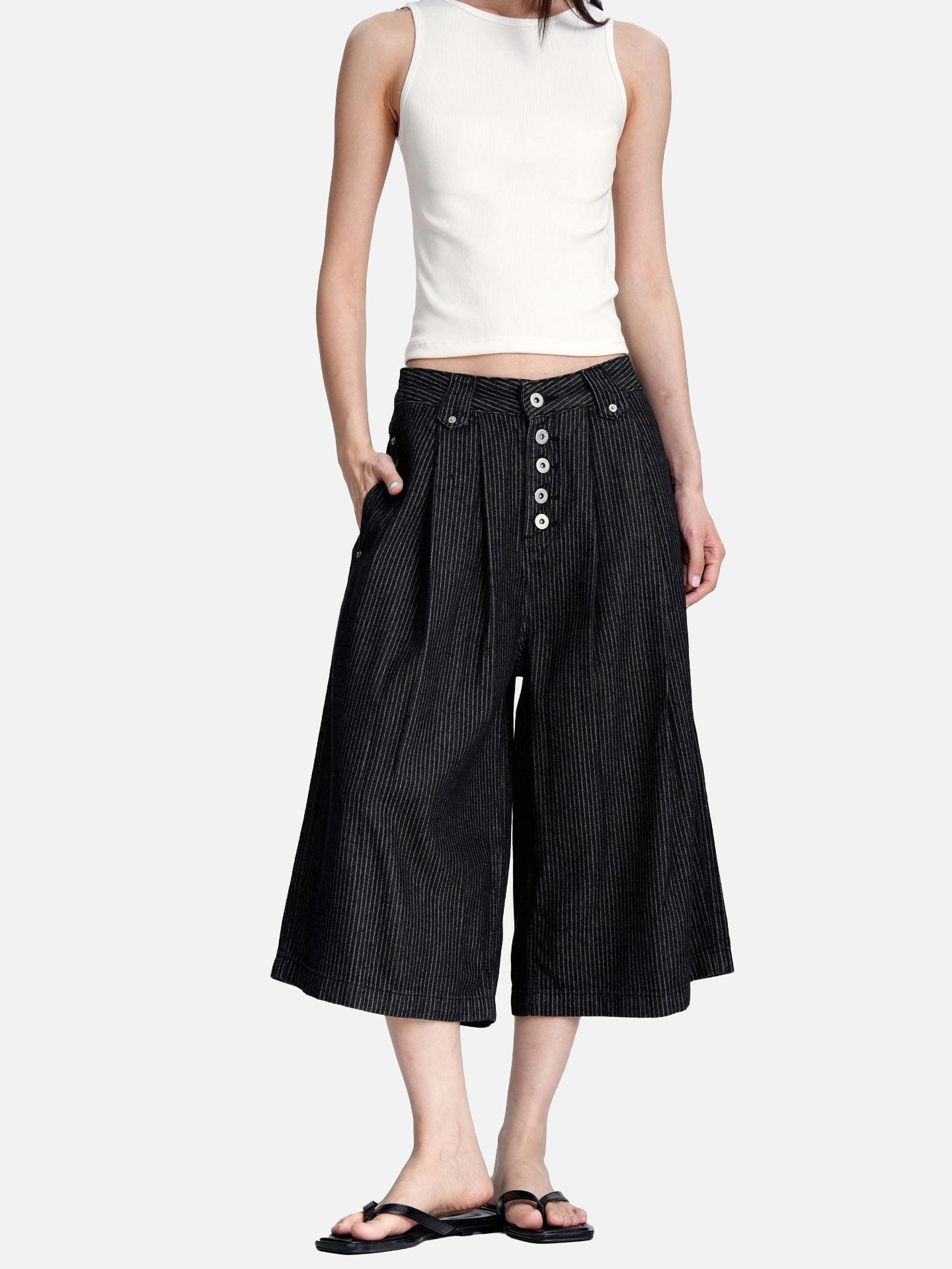 Black Striped Baggy Capri Pants