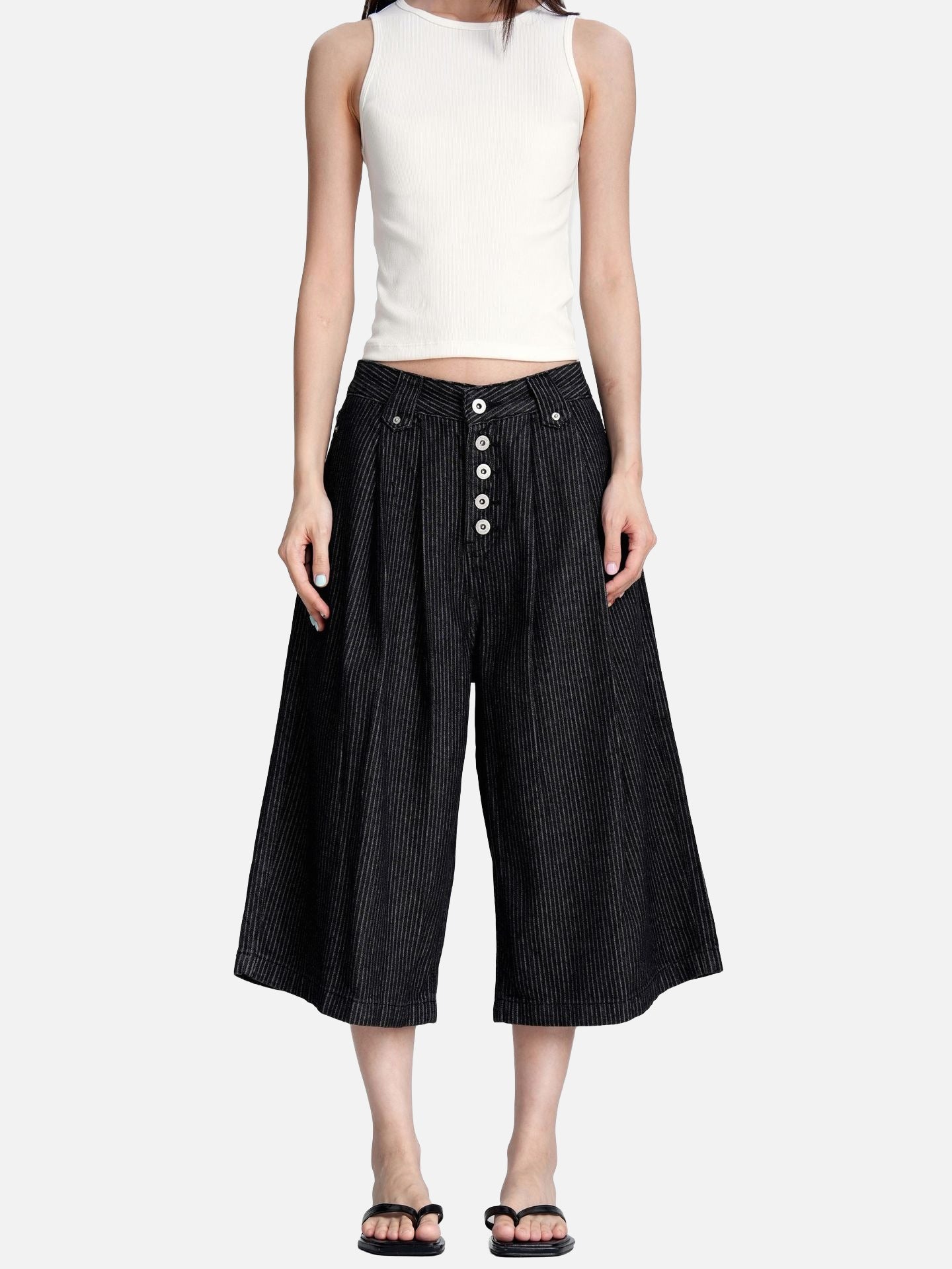 Black Striped Baggy Capri Pants