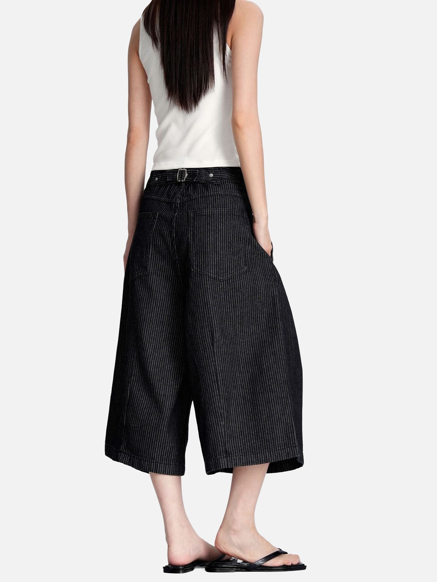 Black Striped Baggy Capri Pants