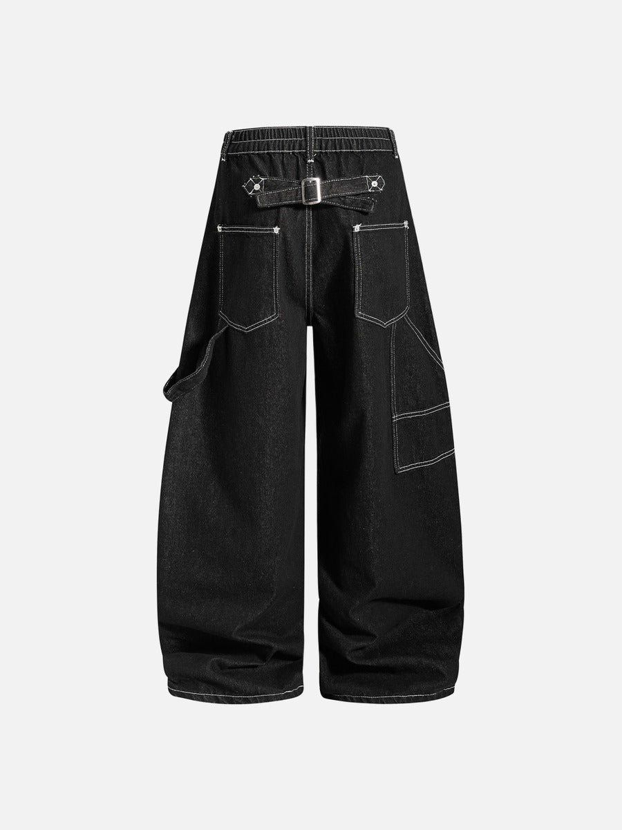 Black Wide-Leg Denim Pants with Contrast Stitching