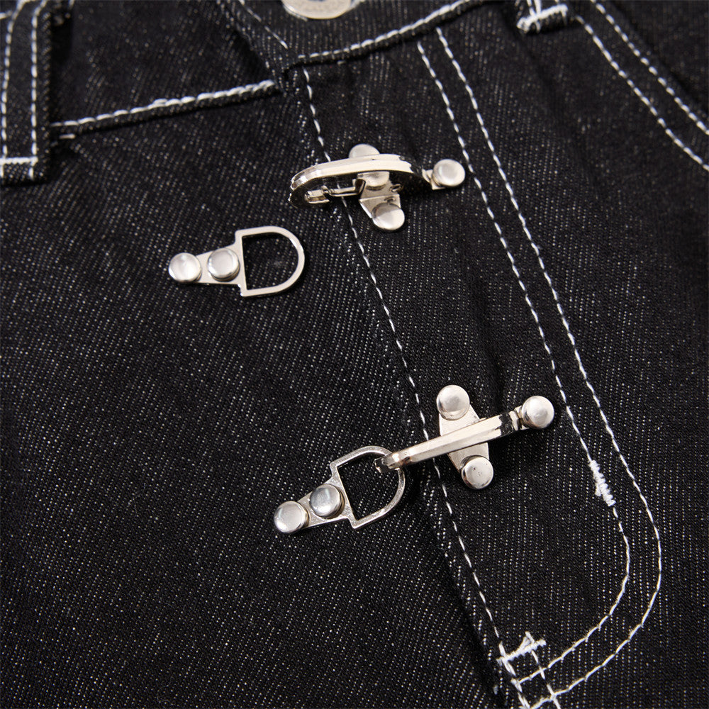 Black Wide-Leg Denim Pants with Contrast Stitching