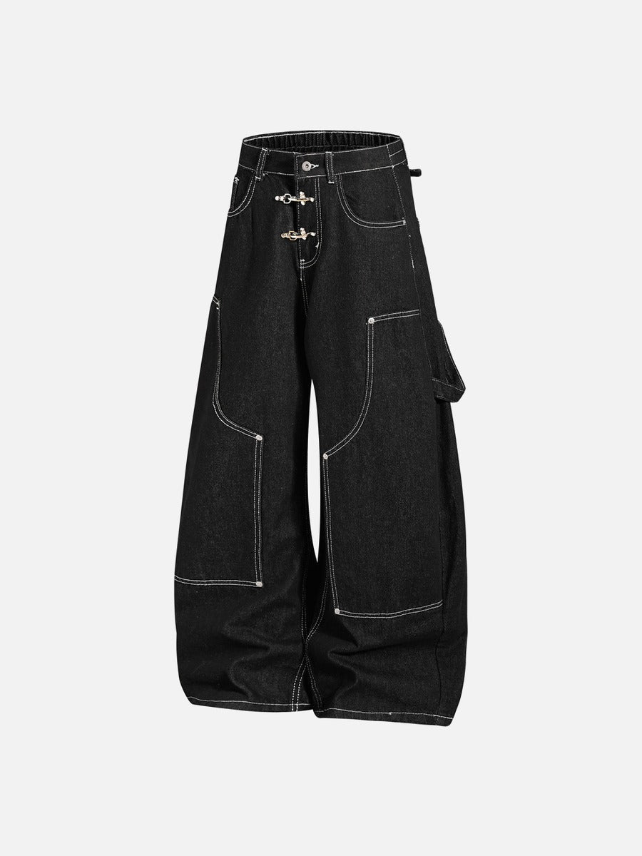 Black Wide-Leg Denim Pants with Contrast Stitching