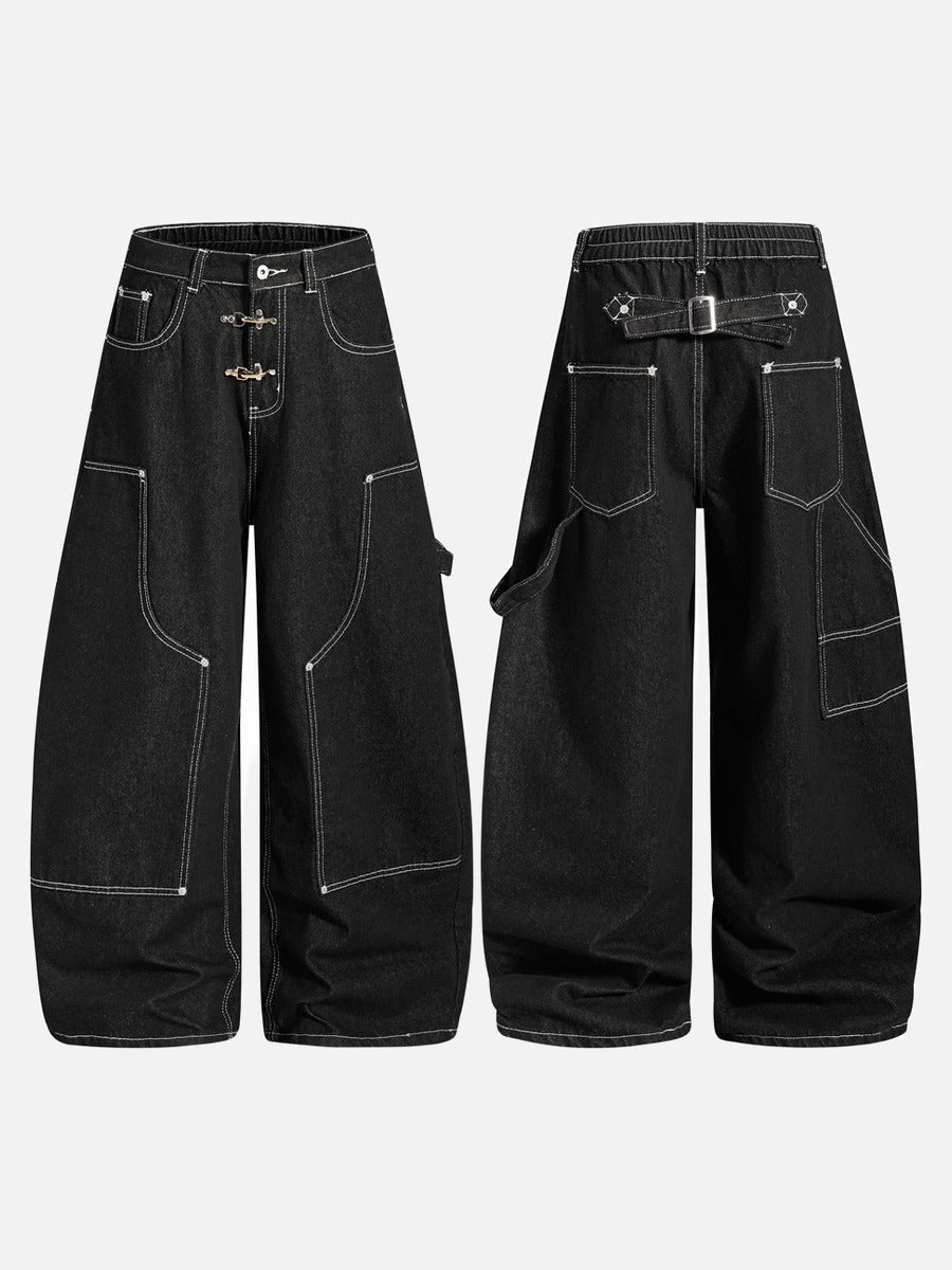 Black Wide-Leg Denim Pants with Contrast Stitching