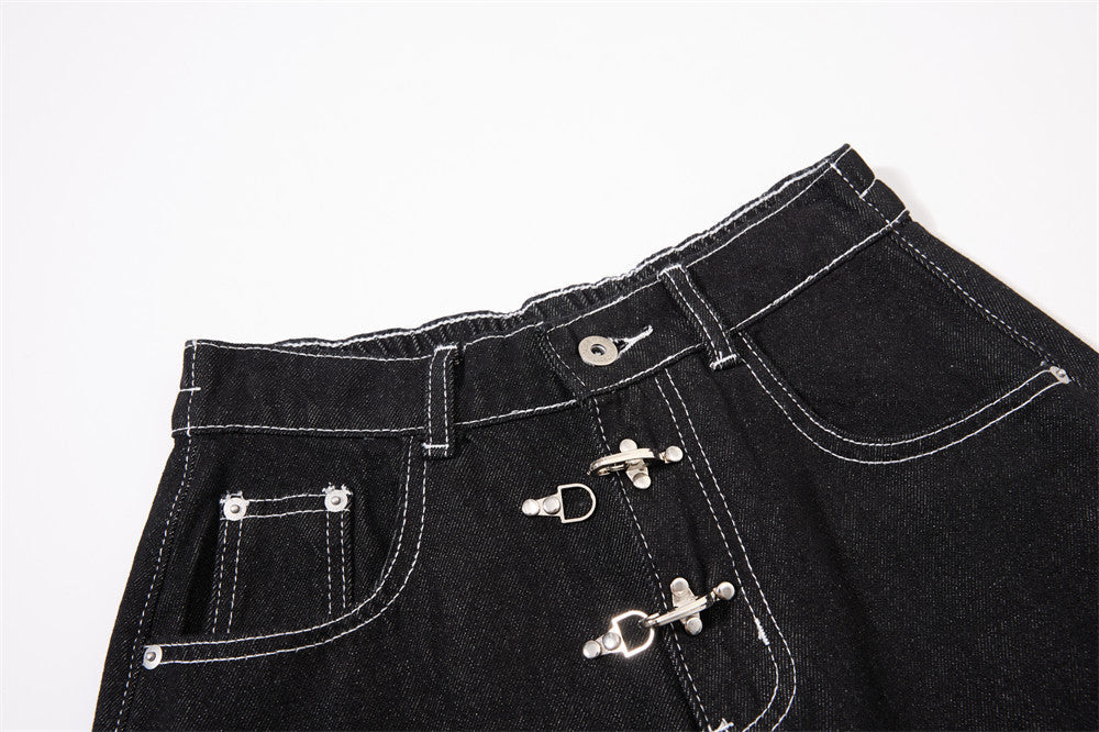 Black Wide-Leg Denim Pants with Contrast Stitching