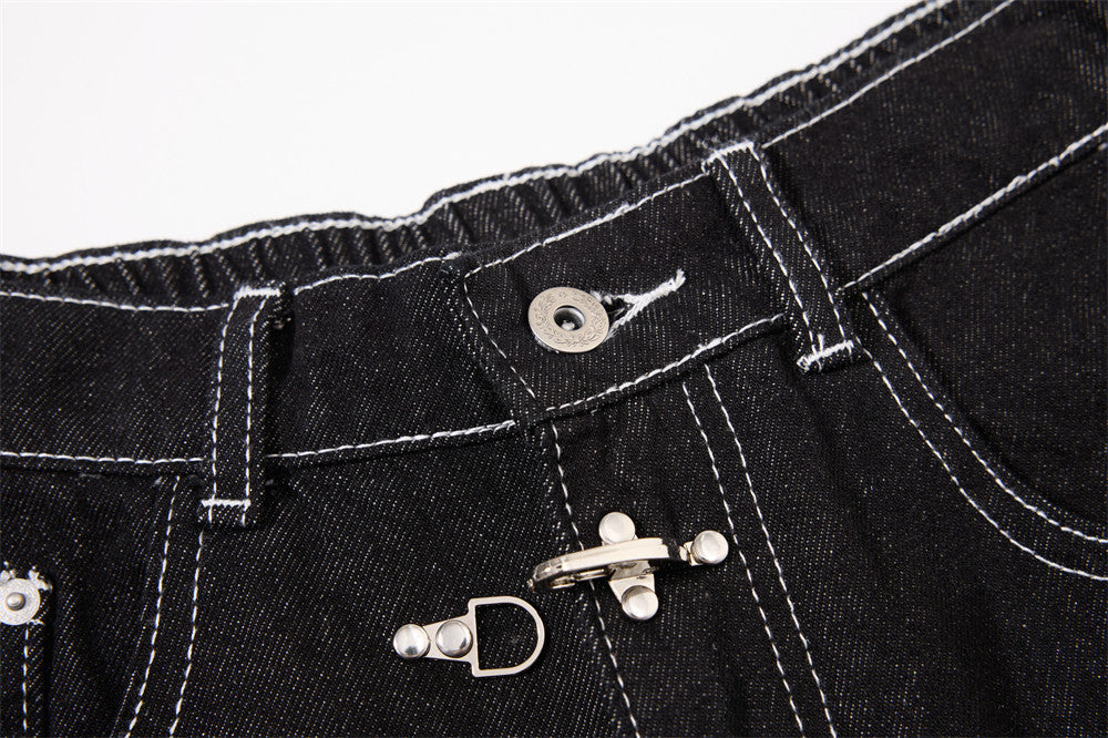 Black Wide-Leg Denim Pants with Contrast Stitching