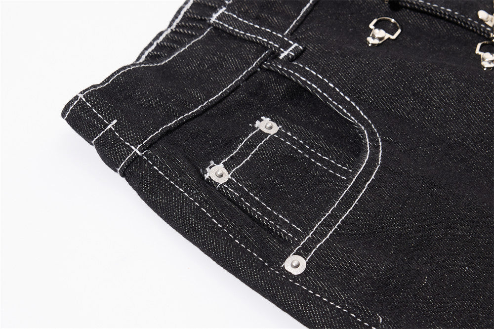 Black Wide-Leg Denim Pants with Contrast Stitching
