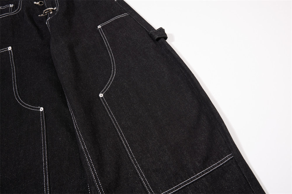 Black Wide-Leg Denim Pants with Contrast Stitching