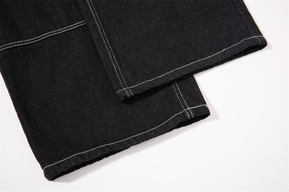 Black Wide-Leg Denim Pants with Contrast Stitching