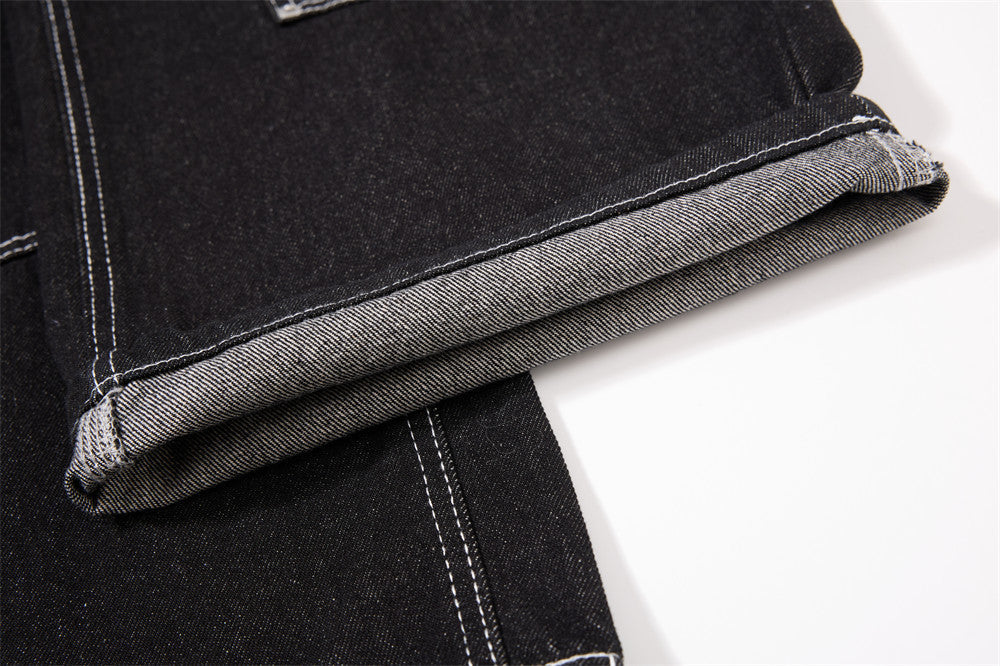Black Wide-Leg Denim Pants with Contrast Stitching