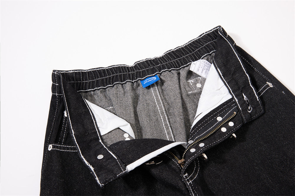 Black Wide-Leg Denim Pants with Contrast Stitching