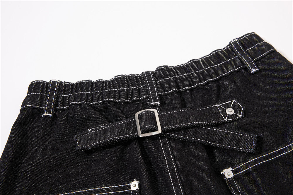 Black Wide-Leg Denim Pants with Contrast Stitching
